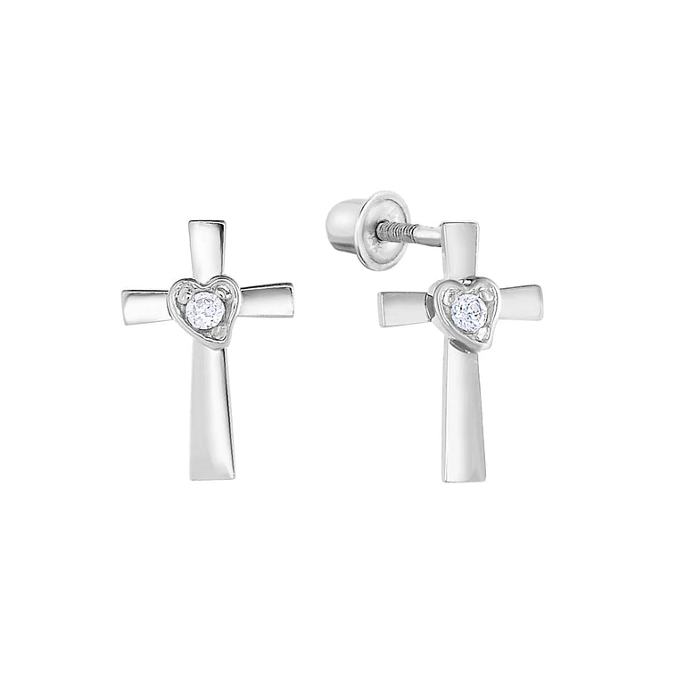 14k Yellow Gold CZ Cross & Heart Stud Earring