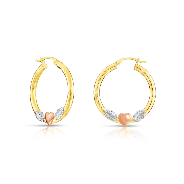 14k Tri Color Gold Hoop with Hearts and Diamond Cut