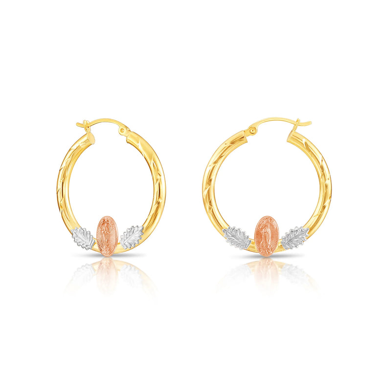 14k Tri Color Gold Hoop with Guadeloupe and Diamond Cut