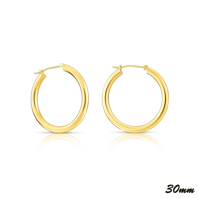 14K Yellow Gold Plain Hoops - 3MM Tube