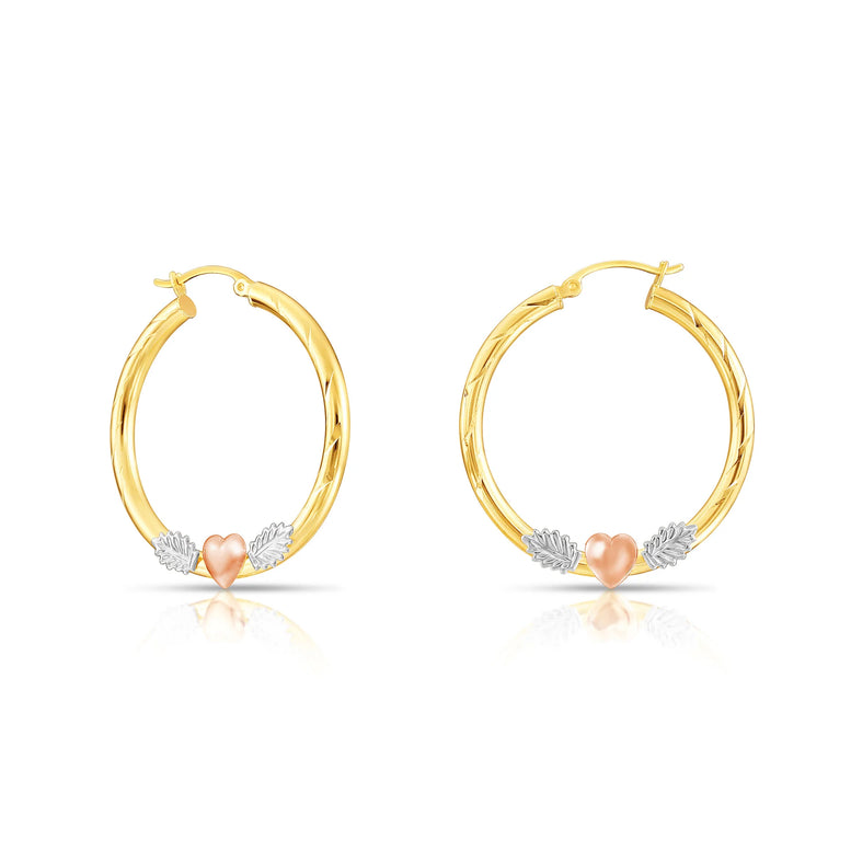14k Tri Color Gold Hoop with Hearts and Diamond Cut