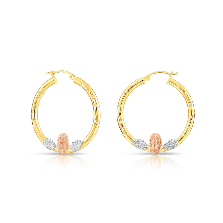 14k Tri Color Gold Hoop with Guadeloupe and Diamond Cut