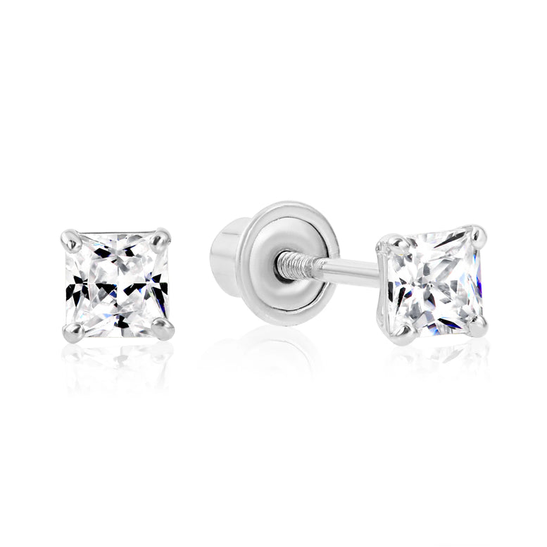 14k White Gold Square CZ Stud Earrings - Screwback