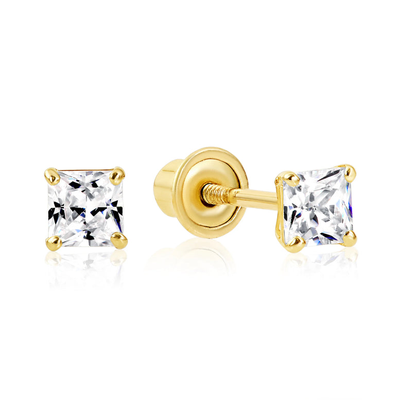 14k Yellow Gold Square CZ Stud Earrings - Screwback