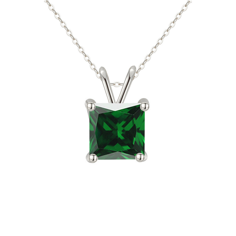 18K White Gold 1 Carat Created Emerald Princess Stud Necklace Plated 18 inch