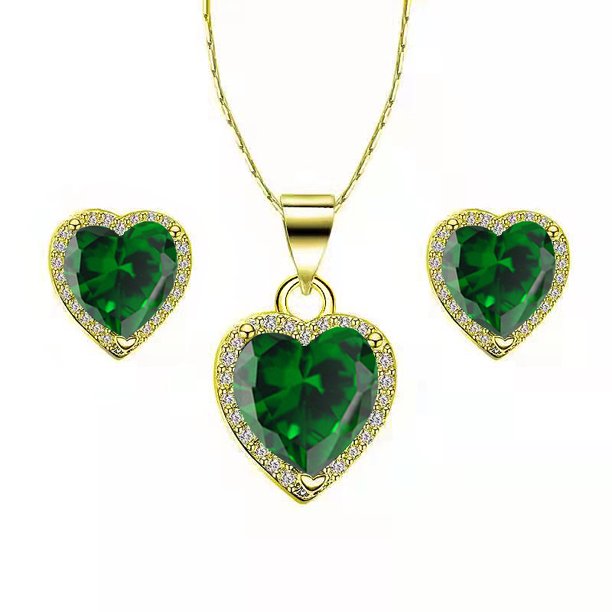Paris Jewelry 18k Yellow Gold Heart 4 Ct Created Emerald CZ Full Set Necklace 18 inch Plated