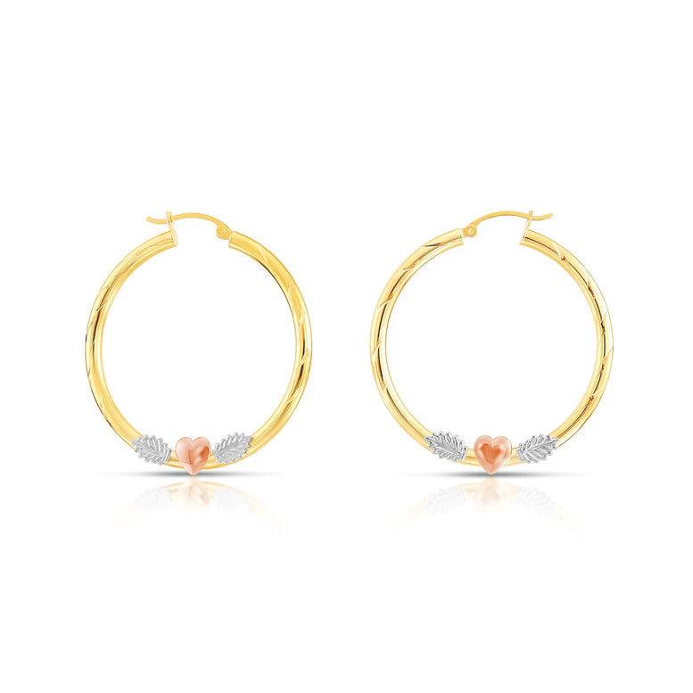 14k Tri Color Gold Hoop with Hearts and Diamond Cut