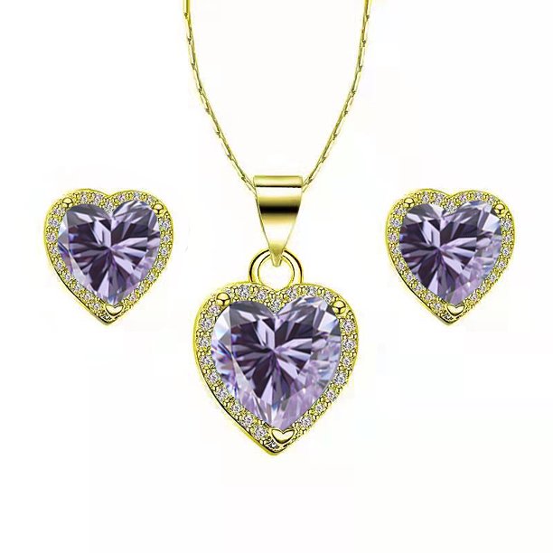 Paris Jewelry 18k Yellow Gold Heart 3 Ct Created Tanzanite CZ Full Set Necklace 18 inch Plated