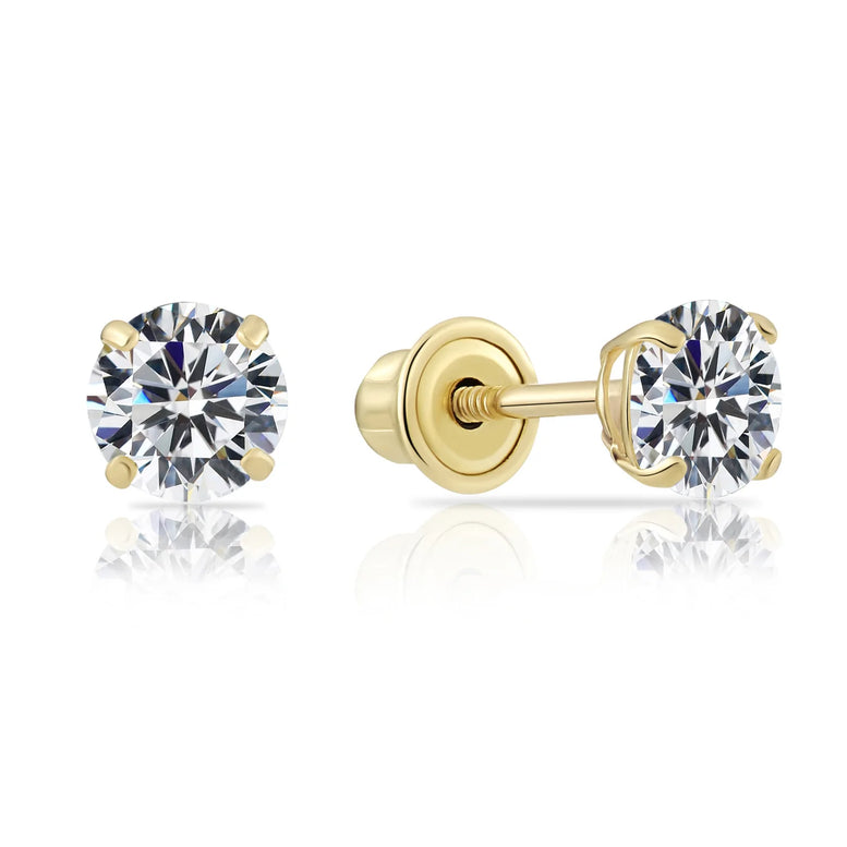 10k Yellow Gold Round CZ Stud Earrings - Screwback