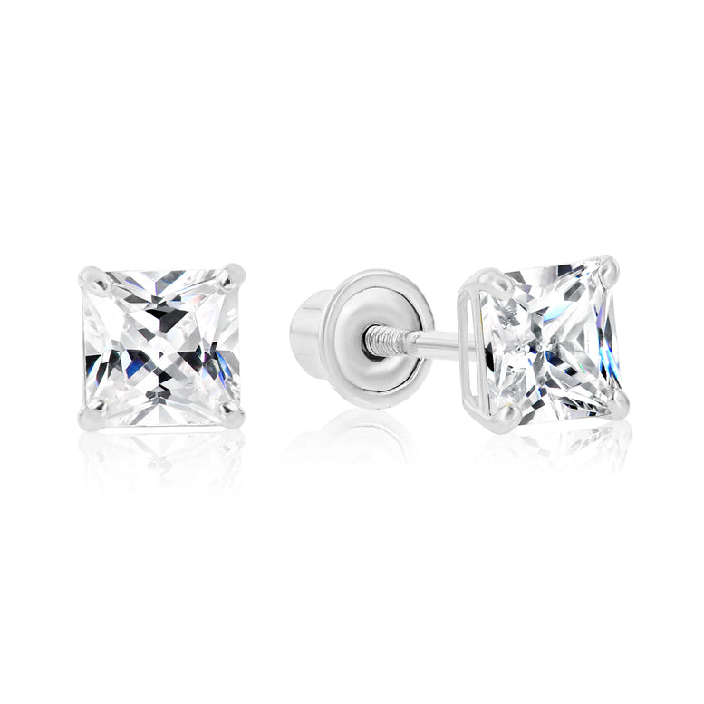 14k White Gold Square CZ Stud Earrings - Screwback