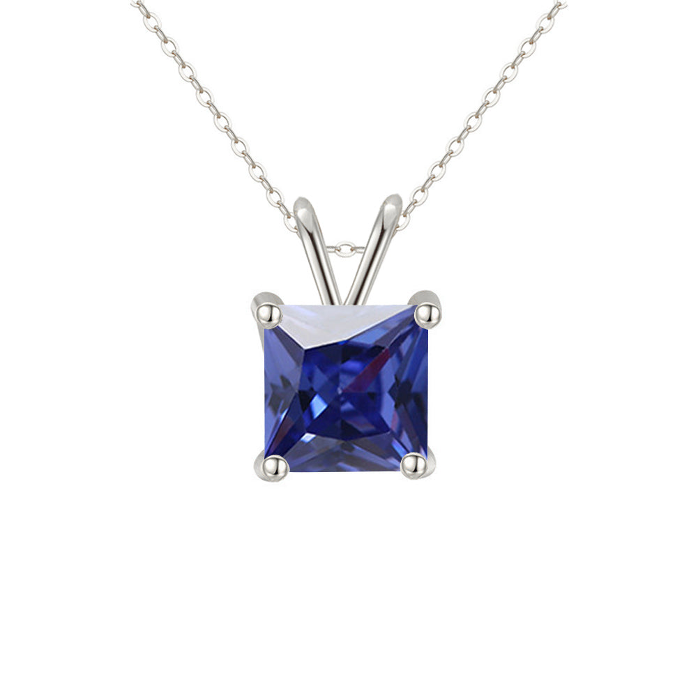 18K White Gold 4 Carat Created Blue Sapphire Princess Stud Necklace Plated 18 inch