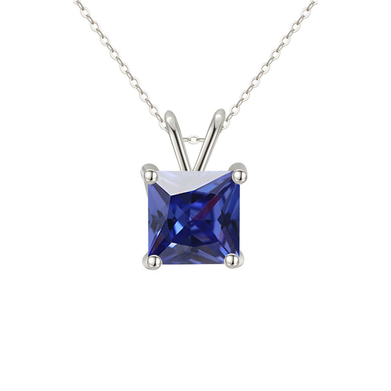 18K White Gold 4 Carat Created Blue Sapphire Princess Stud Necklace Plated 18 inch