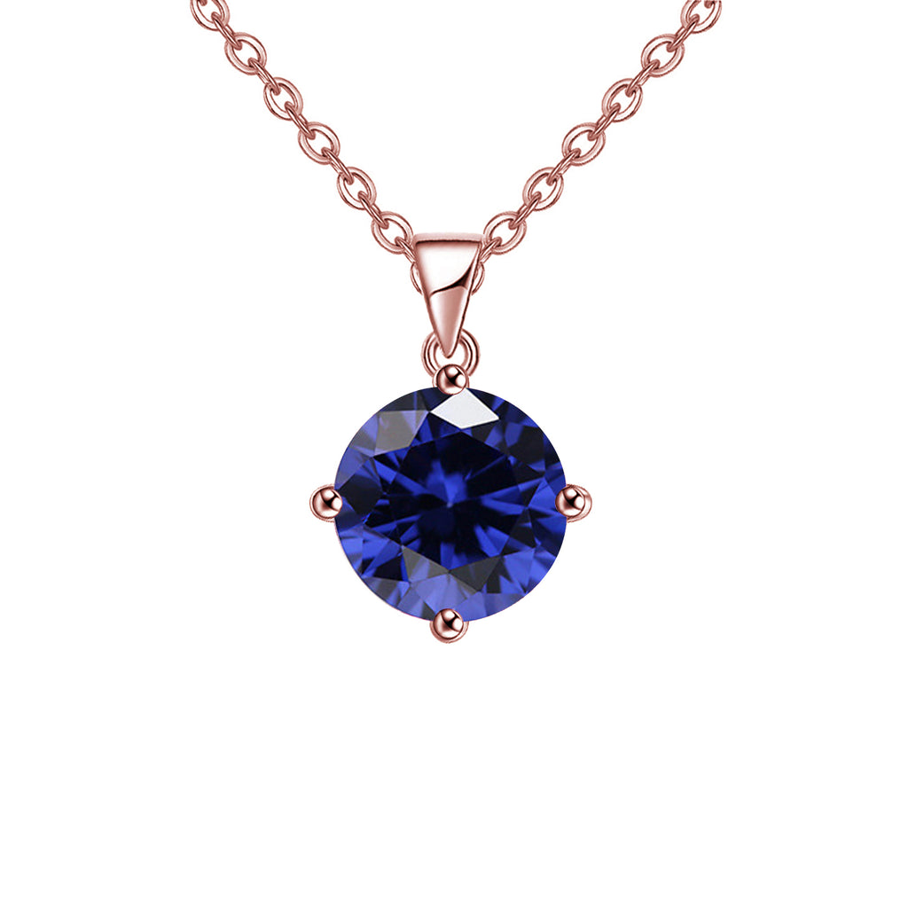 18K Rose Gold 2 Carat Created Blue Sapphire Round Stud Necklace Plated 18 inch