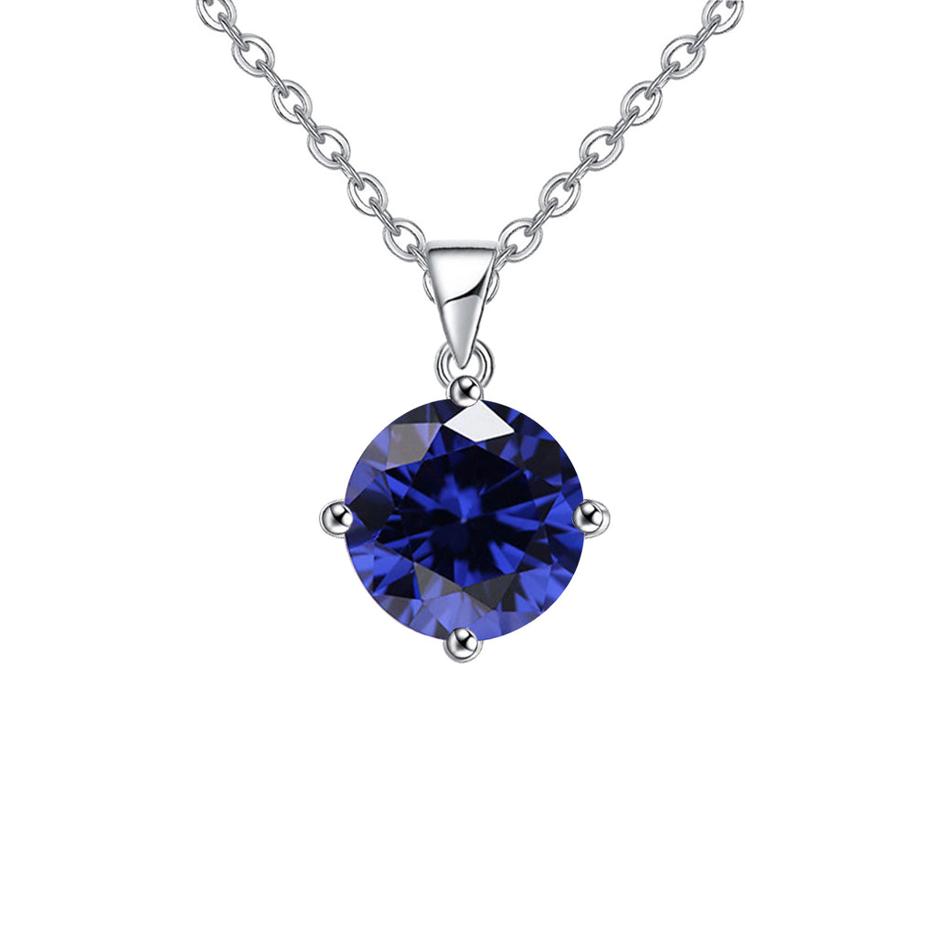 18K White Gold 2 Carat Created Blue Sapphire Round Stud Necklace Plated 18 inch