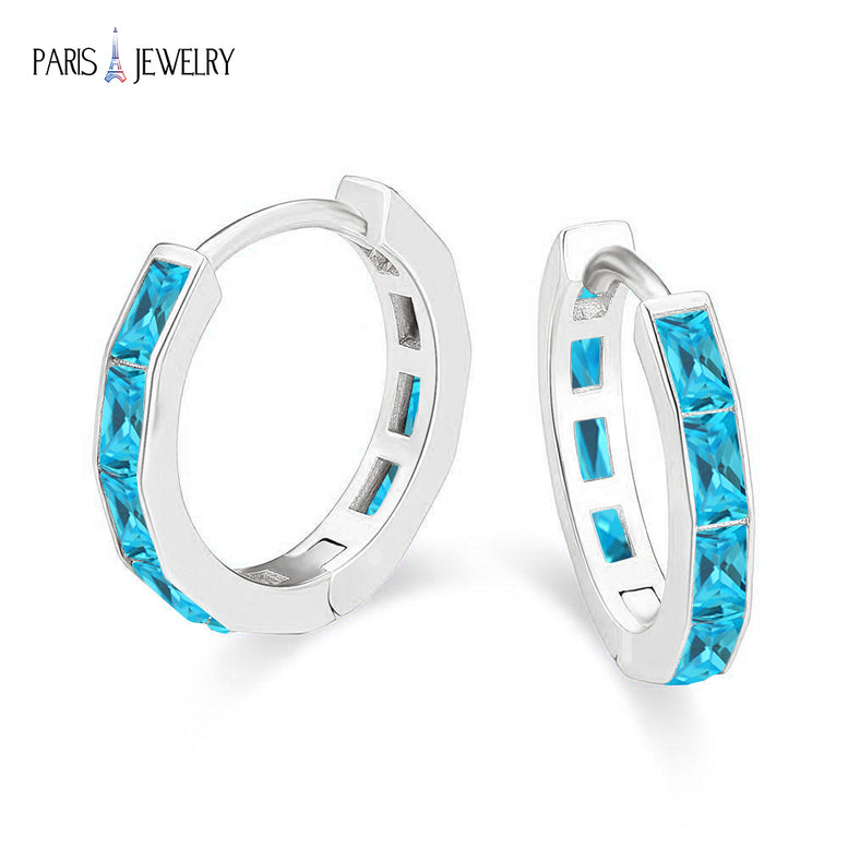 Paris Jewelry 18K White Gold Created Blue Topaz 3Ct Emerald Cut Huggie Hoop Earrings Plated