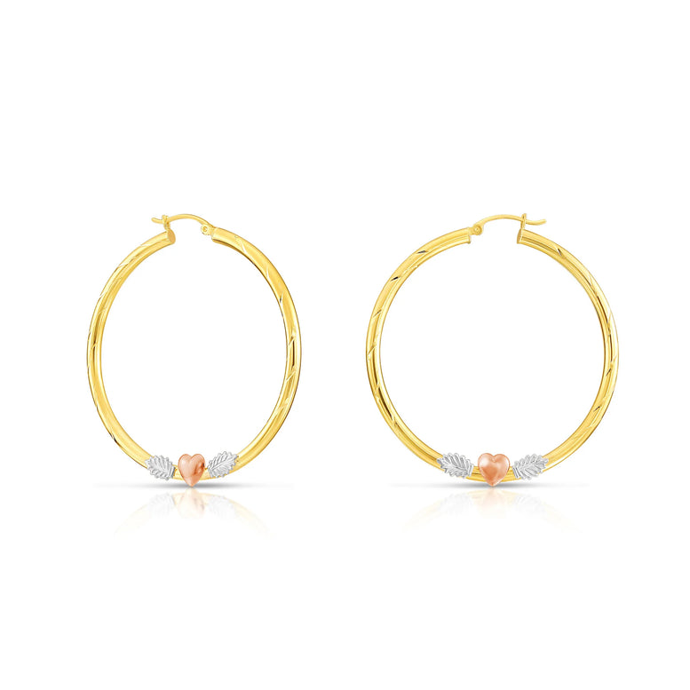14k Tri Color Gold Hoop with Hearts and Diamond Cut