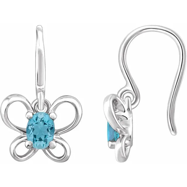 14K White Gold Oval March Youth Butterfly Birthstone Earrings