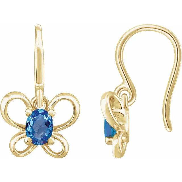 14K Yellow Gold Oval December Youth Butterfly Birthstone Earrings