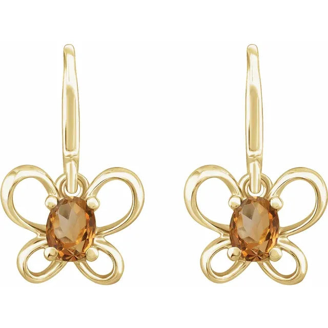14K Yellow Gold Oval November Youth Butterfly Birthstone Earrings