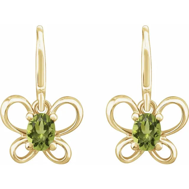 14K Yellow Gold Oval August Youth Butterfly Birthstone Earrings