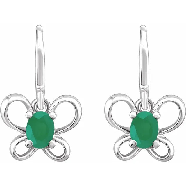 14K White Gold Oval May Youth Butterfly Birthstone Earrings