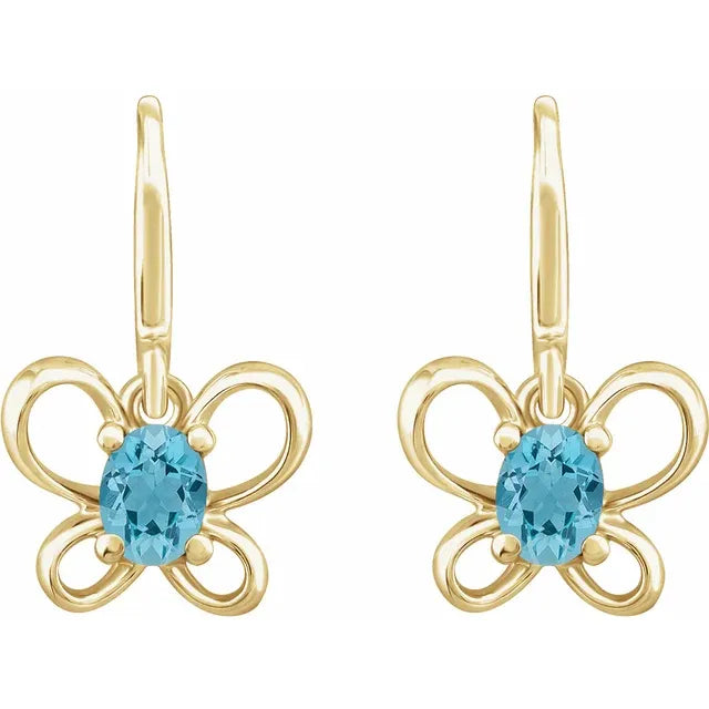 14K Yellow Gold Oval March Youth Butterfly Birthstone Earrings
