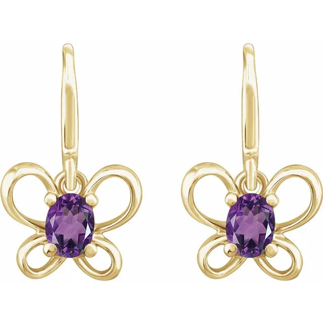 14K Yellow Gold Oval February Youth Butterfly Birthstone Earrings