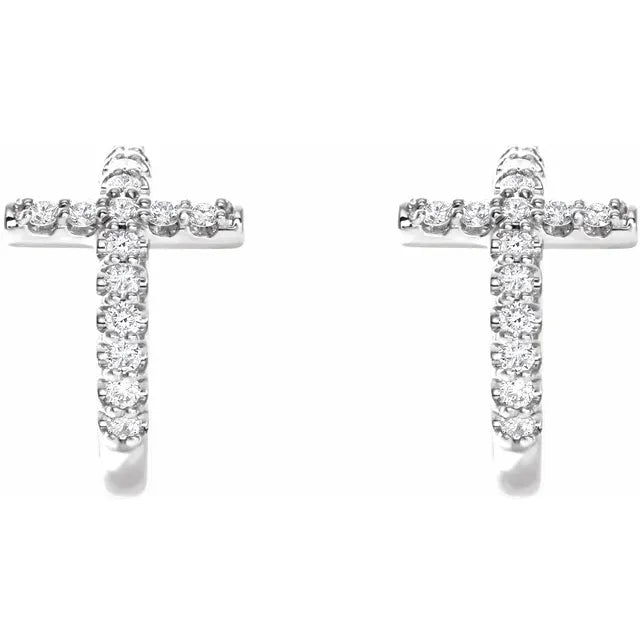 14K White Gold 1/4 CTW Natural Diamond Cross 12.15 mm Huggie Earrings