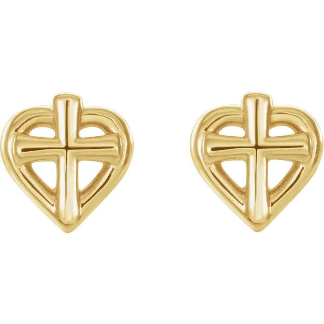 14K Yellow Gold Cross with Heart Youth Earrings