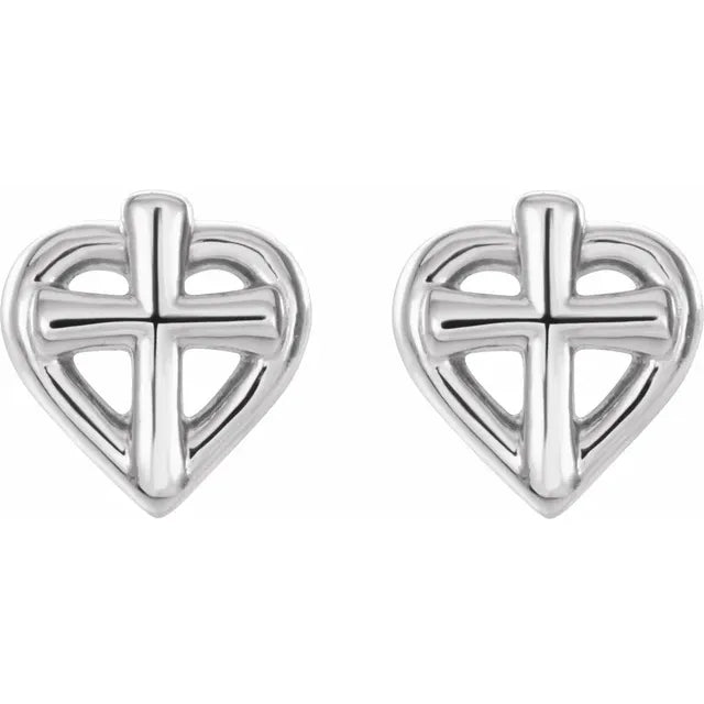 14K White Gold Cross with Heart Youth Earrings