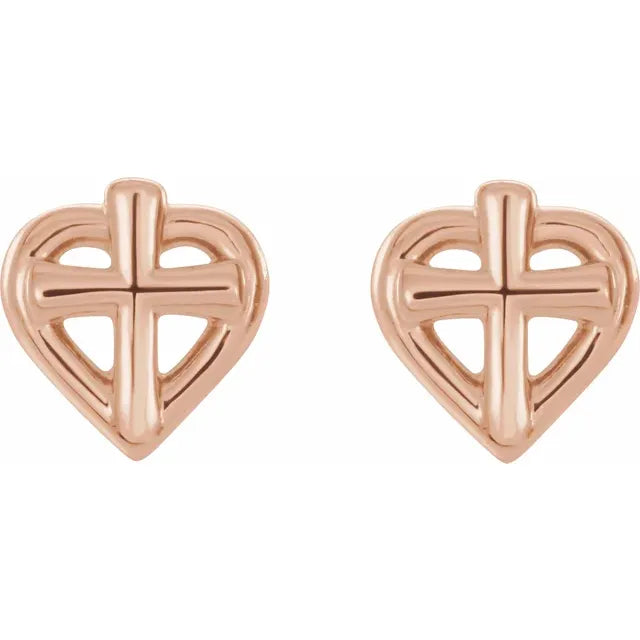 14K Rose Gold Cross with Heart Youth Earrings