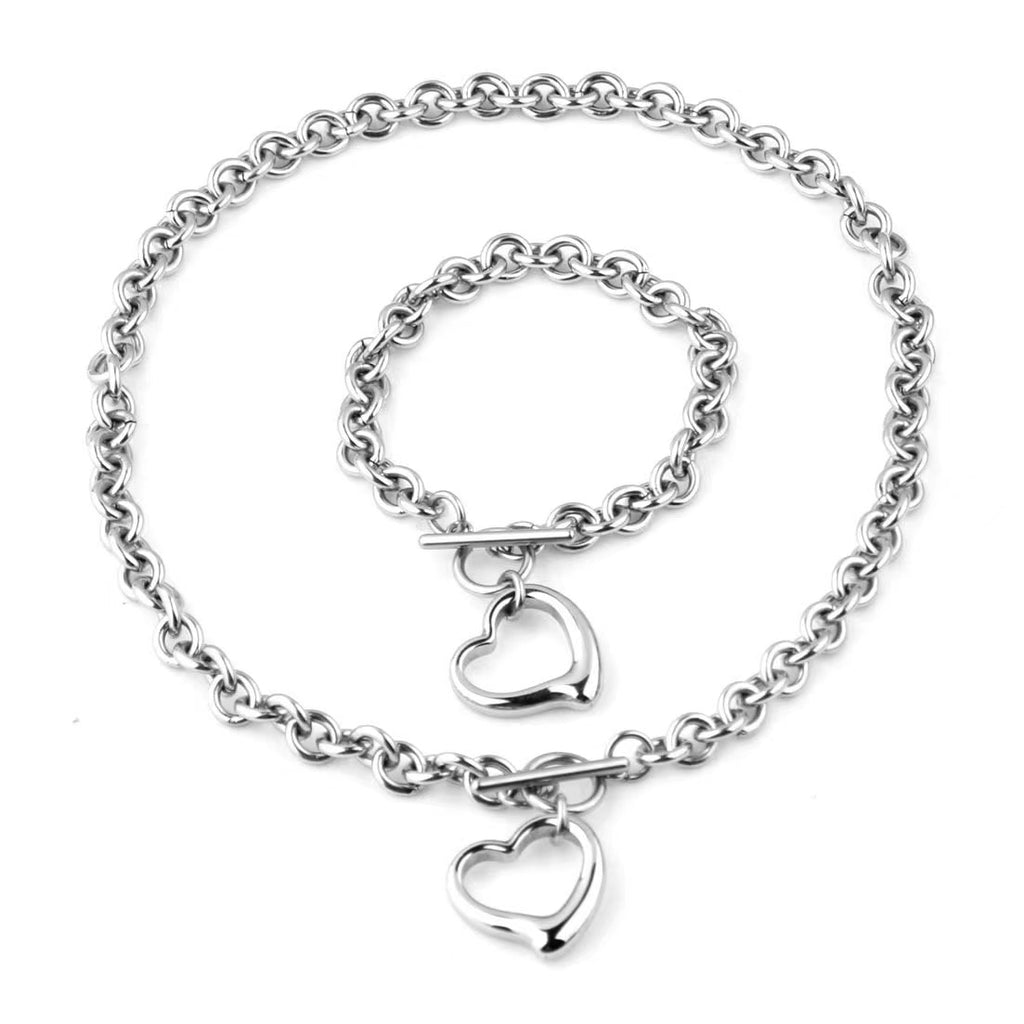 Paris Jewelry 18k White Gold 2 Set Shiny Heart Charm Toggle Necklace & Bracelet Plated