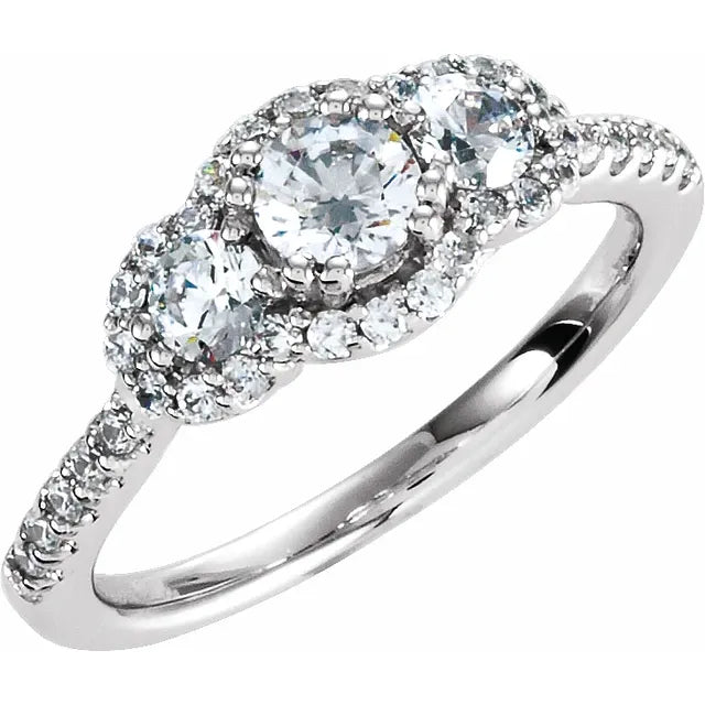 Sterling Silver 4.4 mm Round Cubic Zirconia Three-Stone Halo-Style Ring
