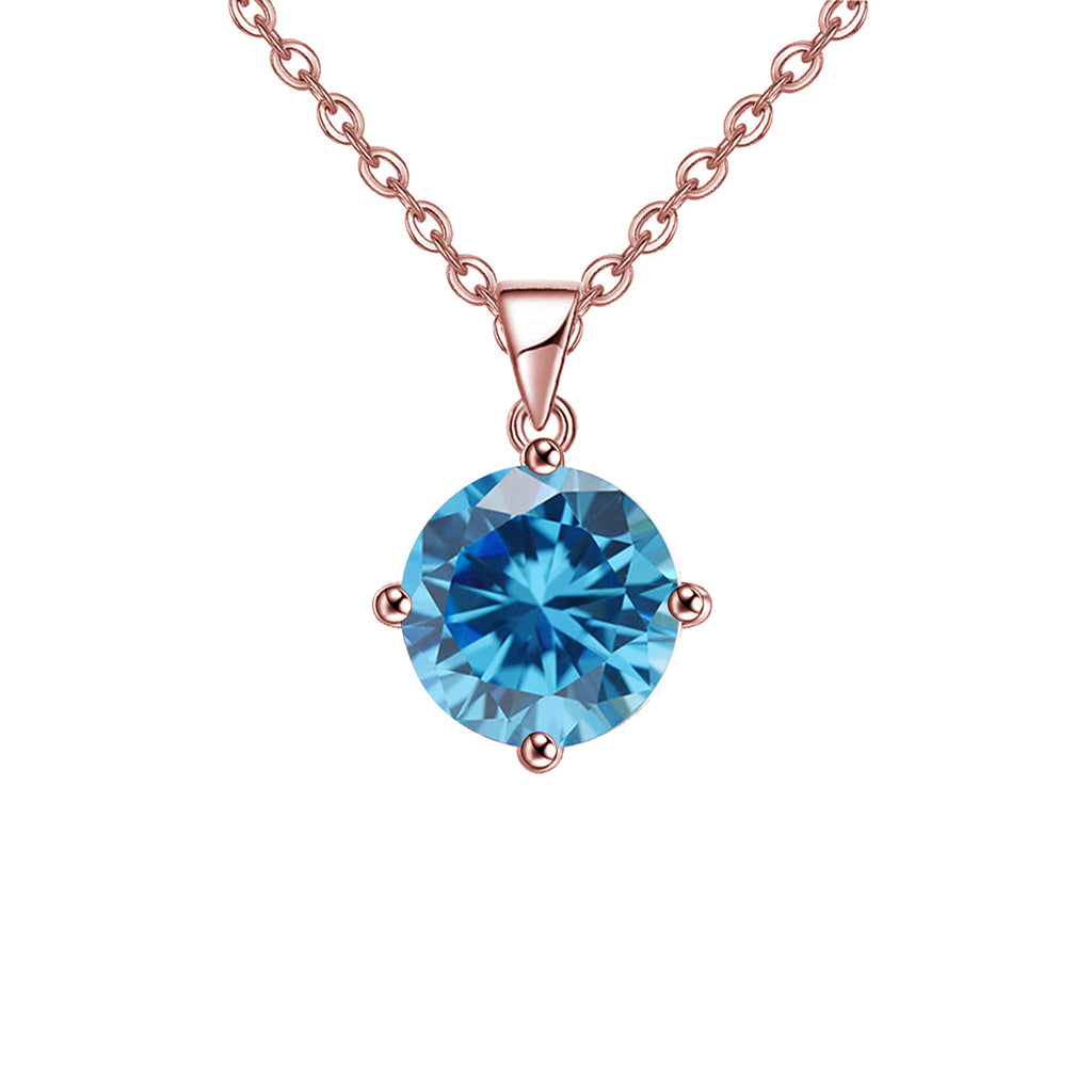 18K Rose Gold 1 Carat Created Blue Topaz Round Stud Necklace Plated 18 inch