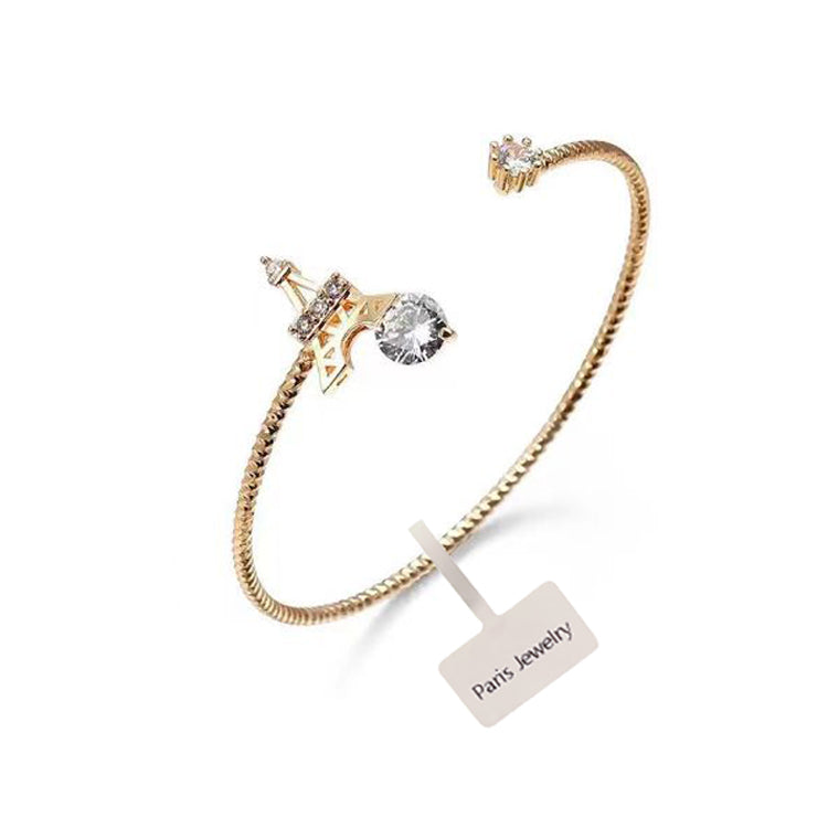 18K Yellow Gold Bangle with Eiffel Tower and Created White Sapphire Plated