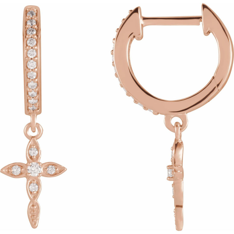 14K Rose Gold 1/8 CTW Natural Diamond Cross Hoop Earrings