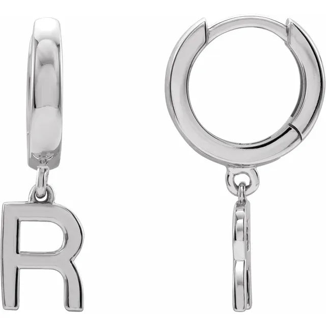 14K White Gold Initial R Hinged Huggie Earring