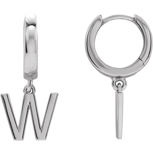 14K White Gold Initial W Hinged Huggie Earring