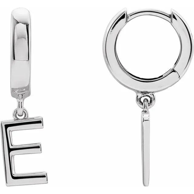 14K White Gold Initial E Hinged Huggie Earring