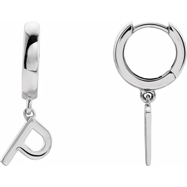 14K White Gold Initial P Hinged Huggie Earring