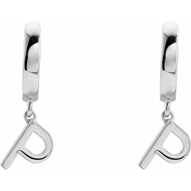 14K White Gold Initial P Hinged Huggie Earring