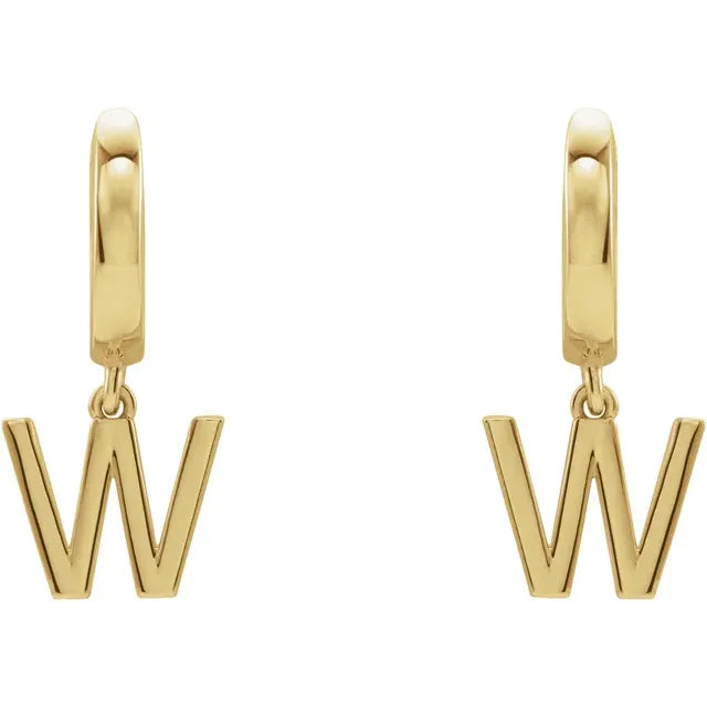 14K Yellow Gold Initial W Hinged Huggie Earring