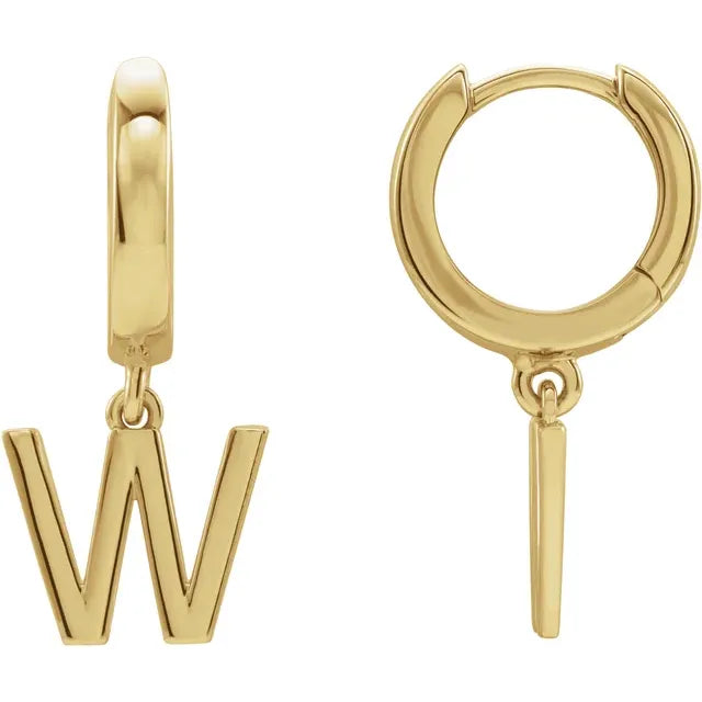14K Yellow Gold Initial W Hinged Huggie Earring