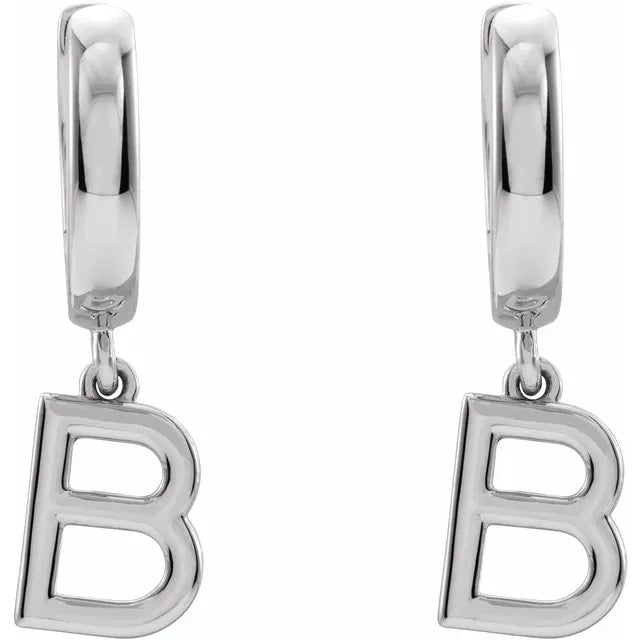 14K White Gold Initial B Hinged Huggie Earring