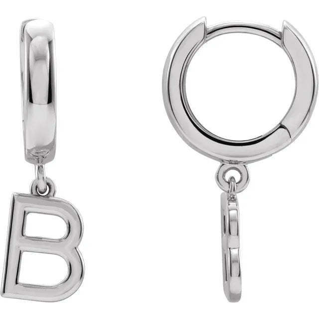 14K White Gold Initial B Hinged Huggie Earring