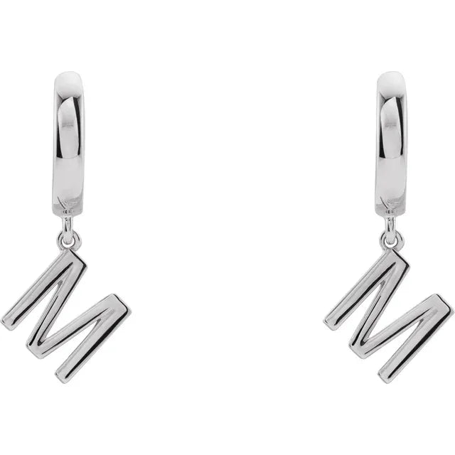 14K White Gold Initial M Hinged Huggie Earring