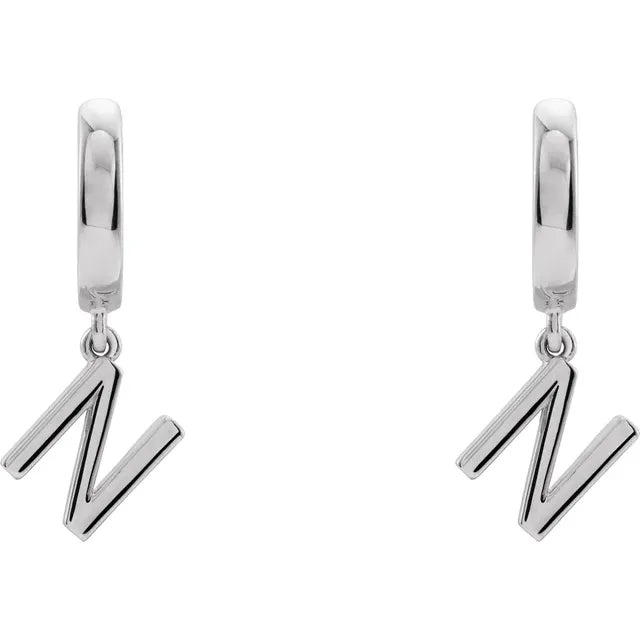 14K White Gold Initial N Hinged Huggie Earring