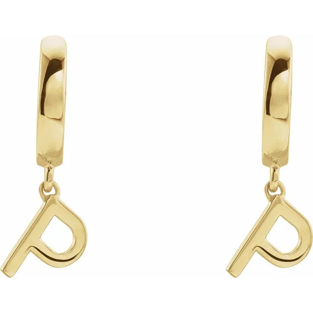 14K Yellow Gold Initial P Hinged Huggie Earring
