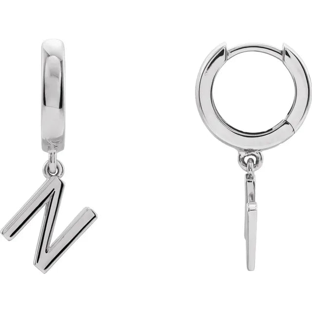 14K White Gold Initial N Hinged Huggie Earring