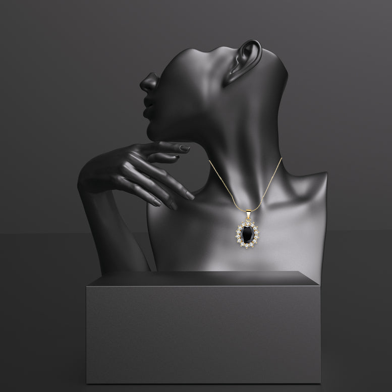 18K Yellow Gold Created Black Sapphire CZ Round 3 Carat Oval Necklace Plated 18 inch